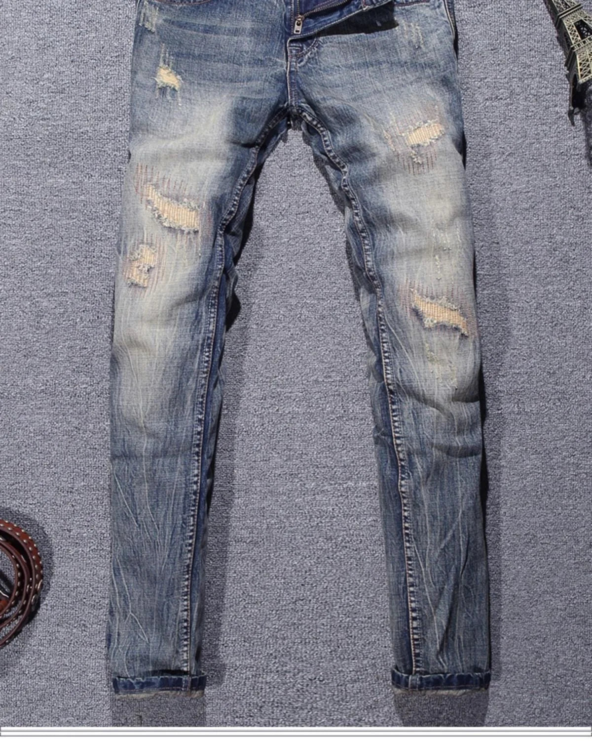 2023 Spring and Autumn New Classic Fashion Solid Color Ripped Small Foot Pants Men's Casual Comfort Elastic High Quality Jeans