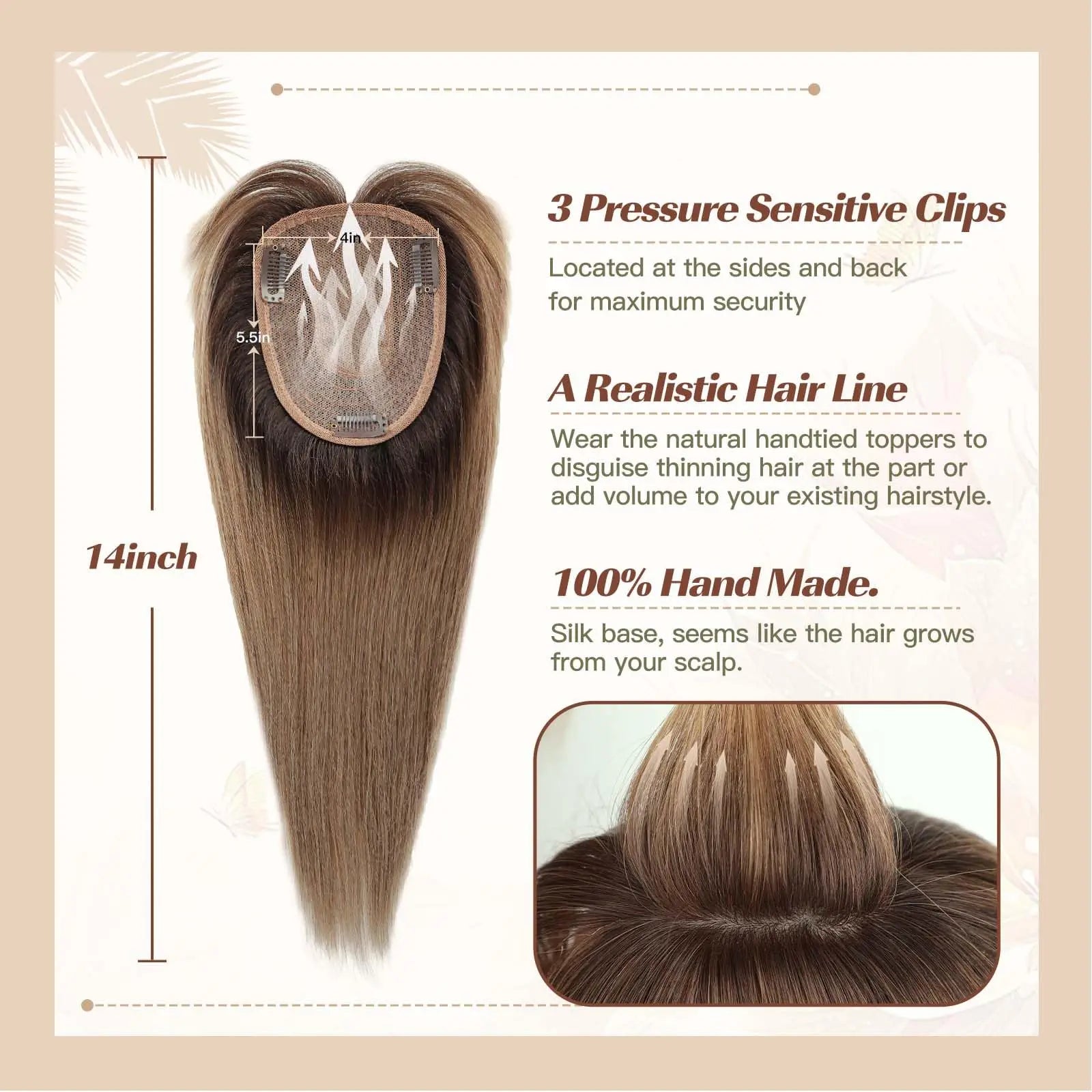 Ombre Brown Real Human Hair Toppers Wigs with Bangs Silk Base Clip Pieces 14inch Straight Topper Hairs for Women Hair Extension