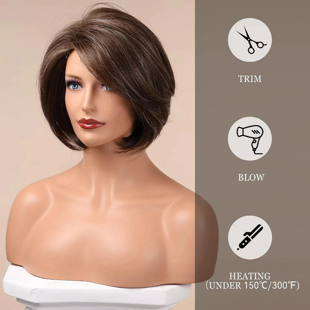 HAIRJOY  Synthetic Hair Brown Bob Wig Short Hair Wigs for Women Highlight Mixed Blonde Heat Resistant Fibre Synthetic Wig