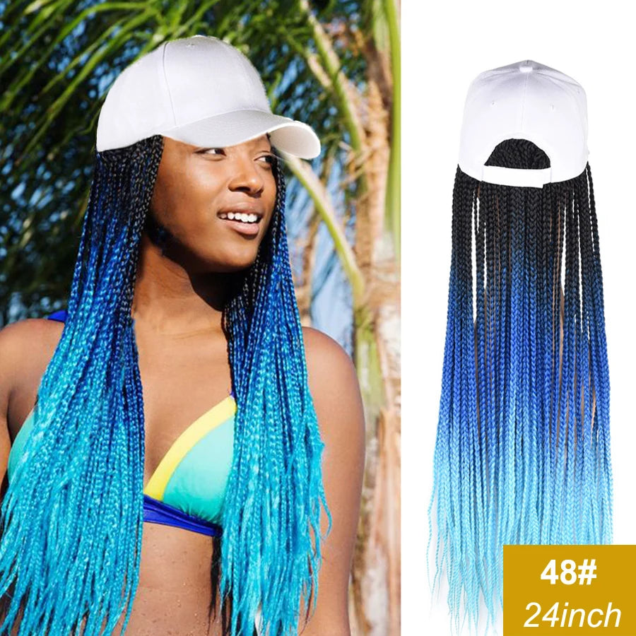 Synthetic Hat Wig Baseball Cap with Braiding Hair 24inch Long Braids Wigs Women Girls Daily Wear Ombre Blue Grey Brown Blonde
