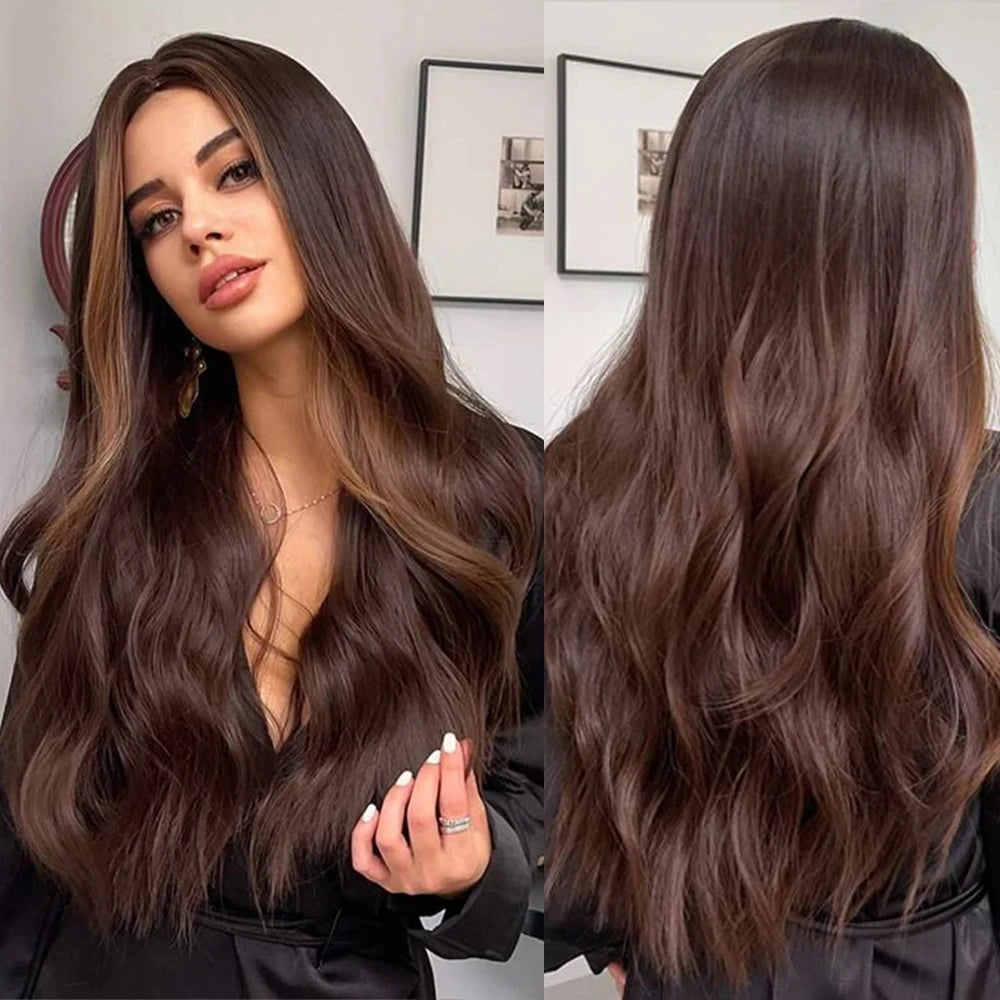 ALAN EATON Long Wave Dark Brown Synthetic Wigs for Black Women Middle Parted Wigs with Highlights Cosplay Hair Heat Resistant