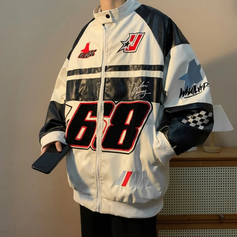 Gmiixder American Hip-hop Racing Coat Motorcycle Leather Jacket Men's Flocked Embroidery Loose Casual Windproof Punk Vibe Jacket