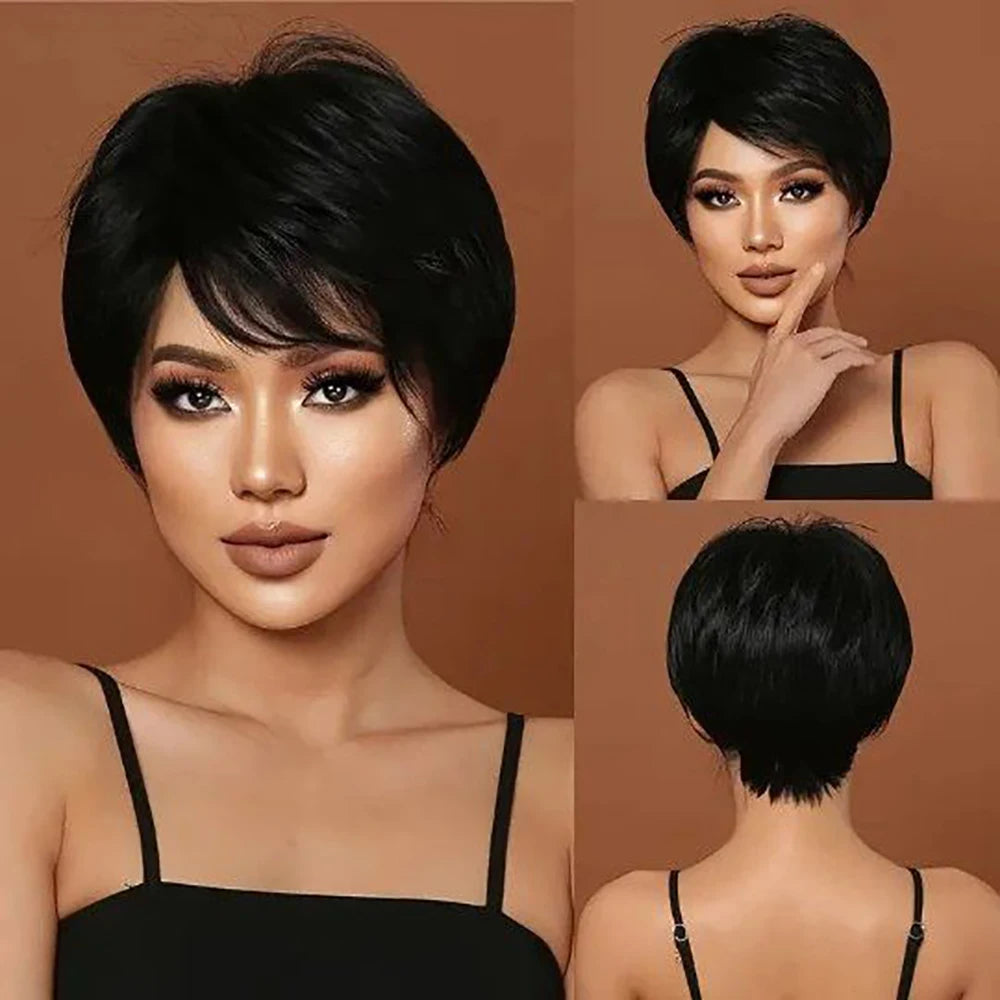 Straight Short Pixie Cut Wigs With Bangs For Women Ombre Brown Red Brazilian Human Hair Wigs Full Machine Made Wigs