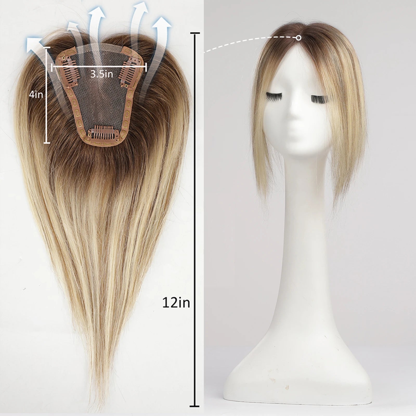 100% Remy Human Hair Toppers Ombre Light Brown Blonde Middle Part Human Hair Pieces for Women with Thinning Hair Clip in Toppers