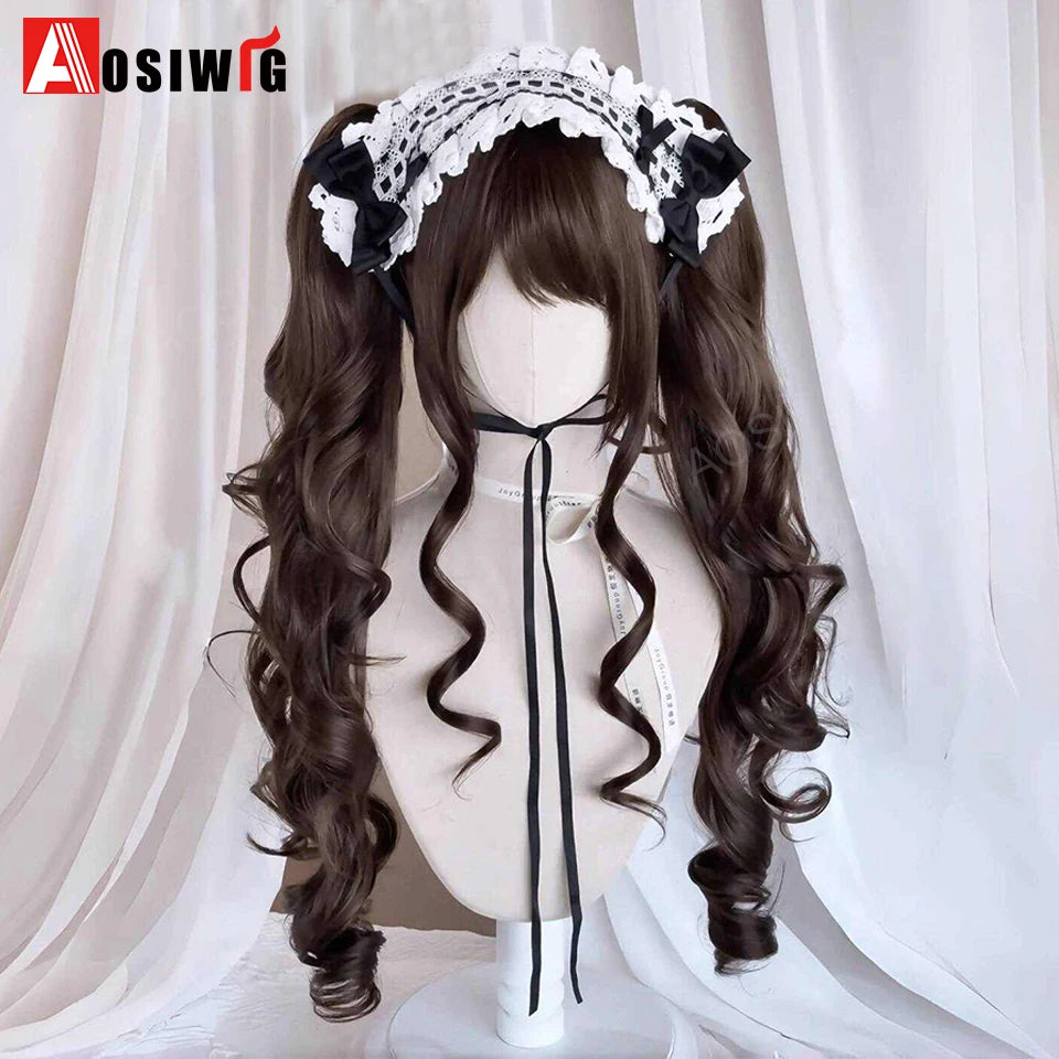 AOSI Synthetic Long Curly Wig Double Ponytail Cute Lolita Women Wigs Halloween Cosplay Style Blonde Brown Party Wig