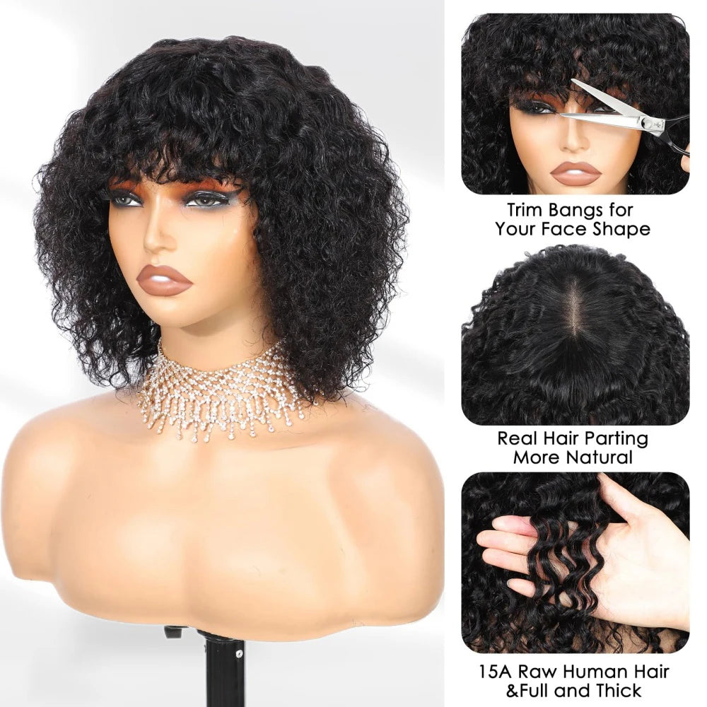 Curly Bob Wig With Bangs Short Bob Curly Wig for Women Natural Color Brazilian Human Hair Deep Wave Bob Wig With Bangs 16 Inch