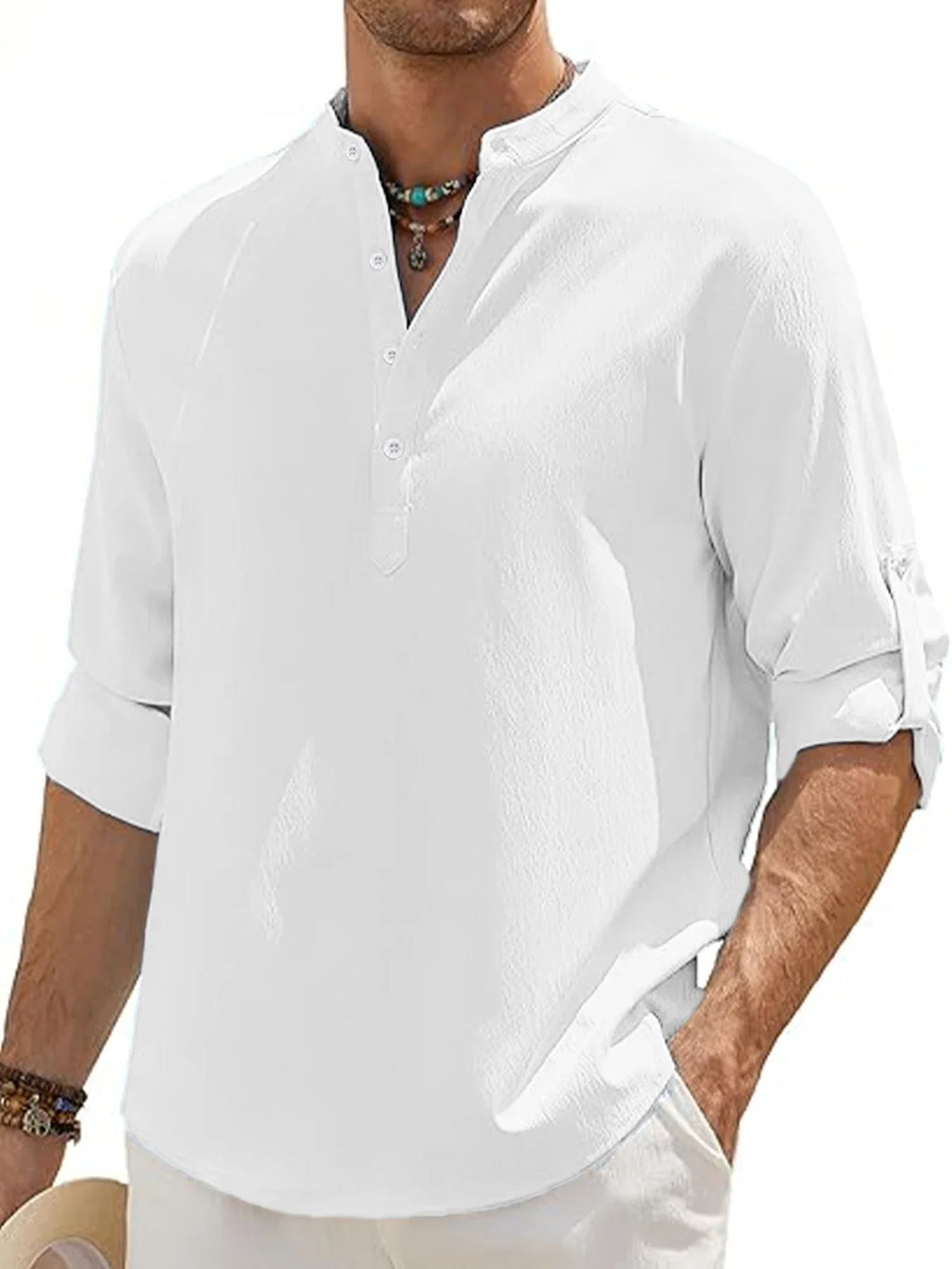 Men's Linen Shirt Summer 2025 Casual Short Sleeve Breathable Stand Collar Loose Fit Trendy Solid Color Youth Top with Pocket