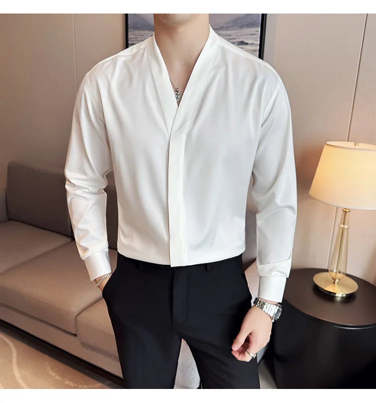 High Quality Collarless Shirts Men Fashion Slim Fit Long Sleeve Casual Shirts Business Office Social Formal Shirt Men Clothig