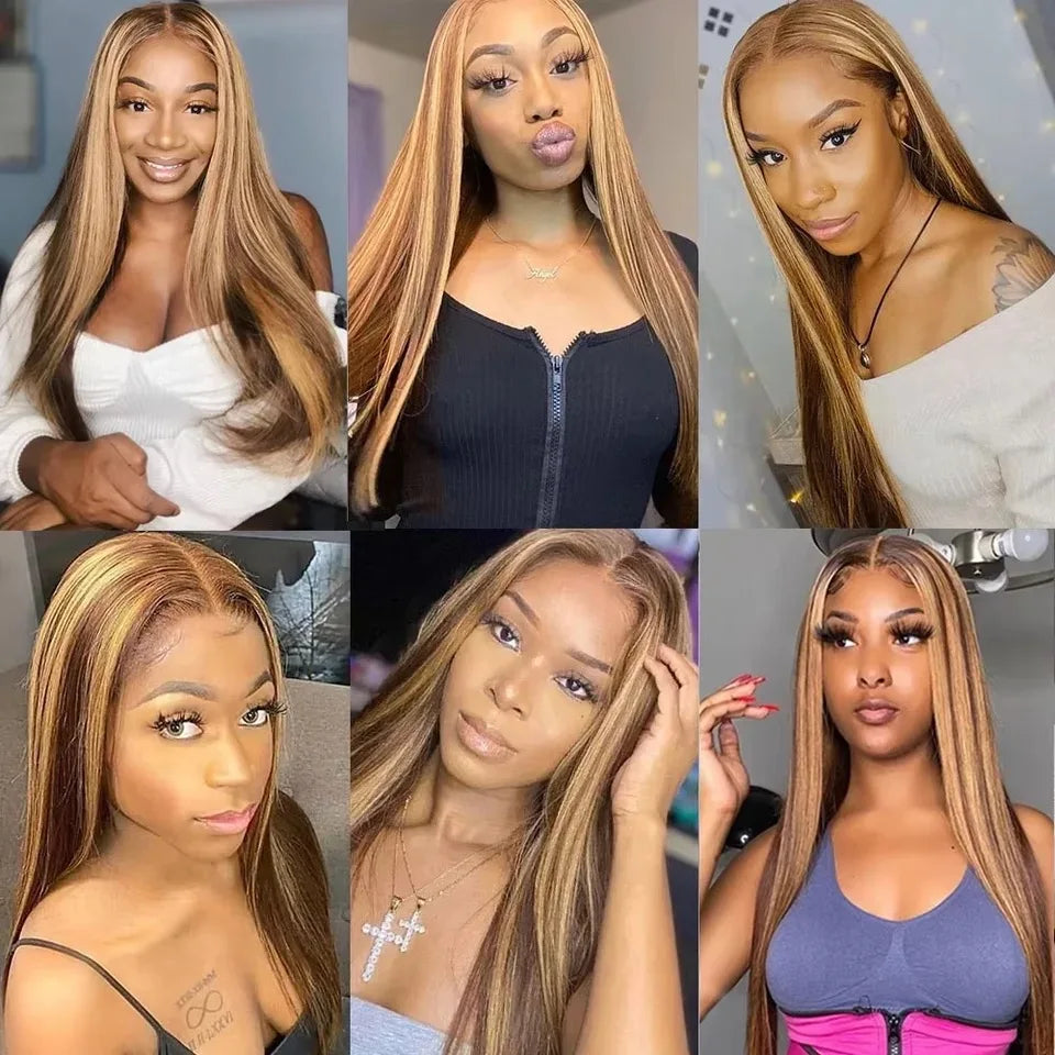 Long Silky Straight Highlight Honey Blonde Ombre Color Synthetic 13X4 HD Lace Frontal Wig Prepucked With Baby Hair Glueless Wig