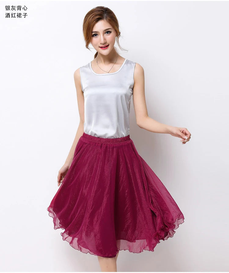 Summer Women Silk Tutu Skirts Chiffon Pleated Dance Beach Wedding Party Skirt Black White Elastic High Waist Midi Skirts