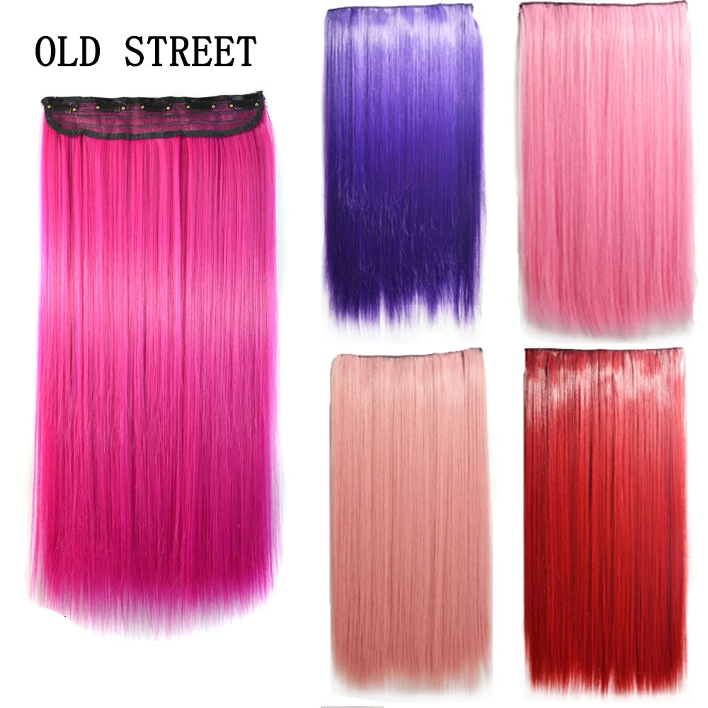 Synthetic Natural 5 Clip In Hair Extensions Fake Single Pink Straight False Hair Piece Hairstyle For Women 24inch