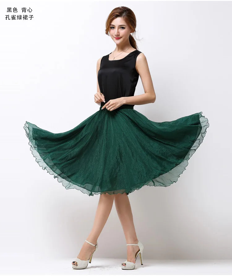 Summer Women Silk Tutu Skirts Chiffon Pleated Dance Beach Wedding Party Skirt Black White Elastic High Waist Midi Skirts
