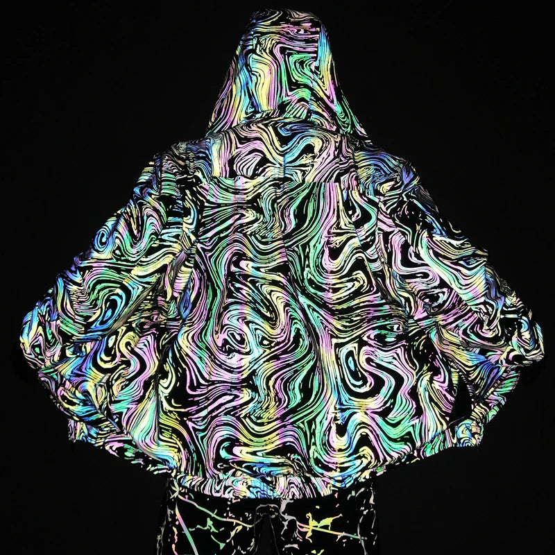 Drop shipping Holographic Reflective Jackets Men Techwear Night Walk Dance Hip Hop Breathable Hooded Coat Jaqueta Masculina