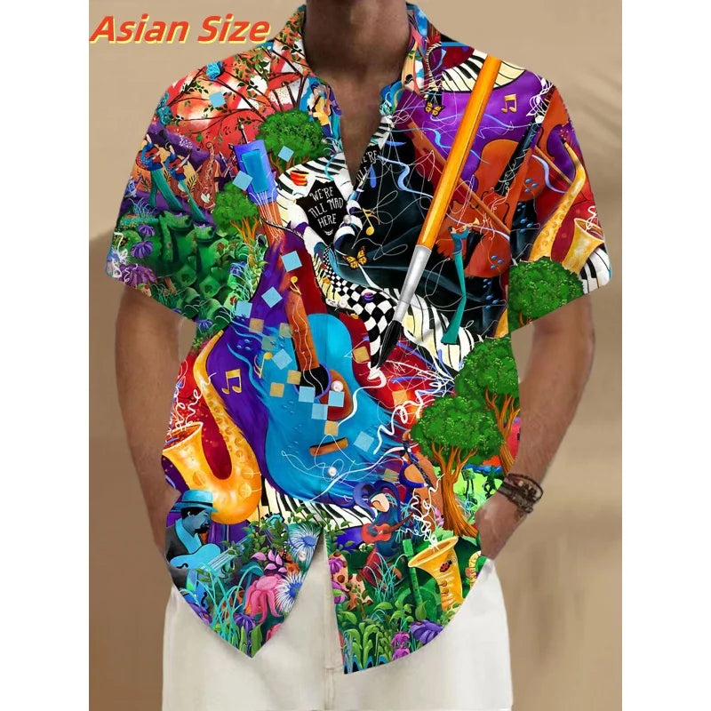 Dreamy Village Pattern Lapel Shirt For Men Flower Bird Boat 3D Printed Hawaiian Shirts Fashion Short Sleeve Tops Button Blouse