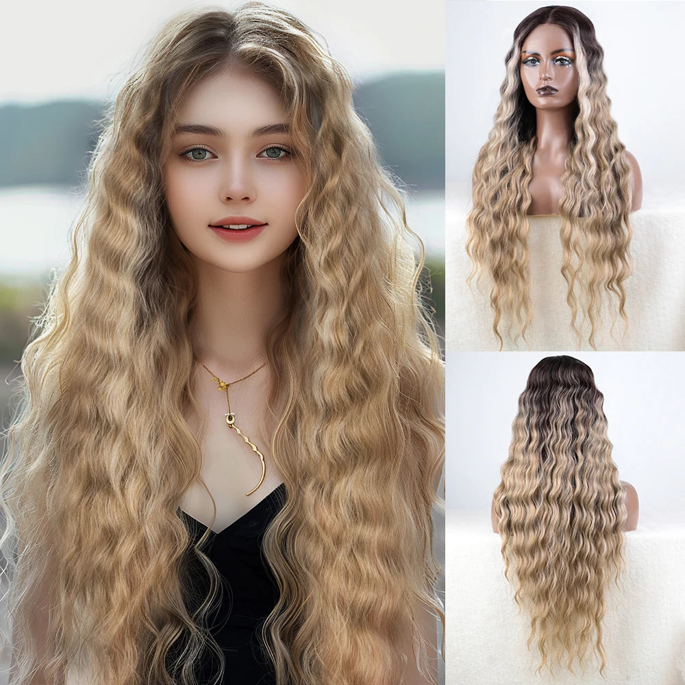Synthetic Lace Wig 30" Ombre Blonde Black Wig  Wig Long Wavy 30 " Hair Lace Wig For Women Lace Front Wig Cosplay Wig