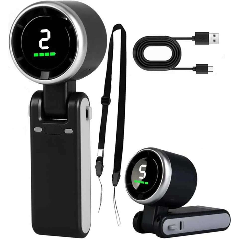 MEUYAG Portable 3-in-1 Turbo Handheld Fan, 5 High-Speed Settings, 3600mAh Power, Digital Screen, Foldable USB/Type-C Charge