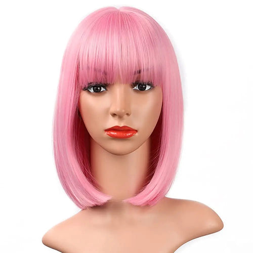 12-inch pink short straight hair synthetic wig for cosplay, pompadour hairstyle, daily high-temperature hair wig