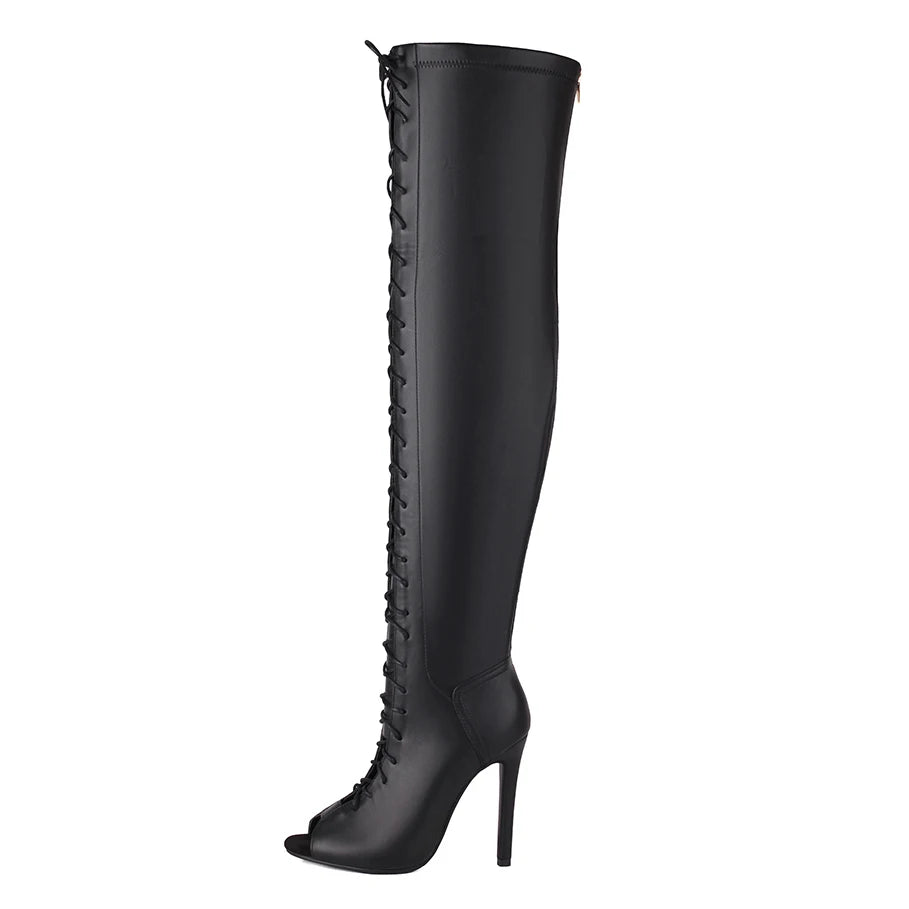 Fashion Party Women's Dance Shoes Sexy Thin High Heels Open Toe Cool Boot Summer Latin Jazz Ballroom Cross Straps Thigh Boots