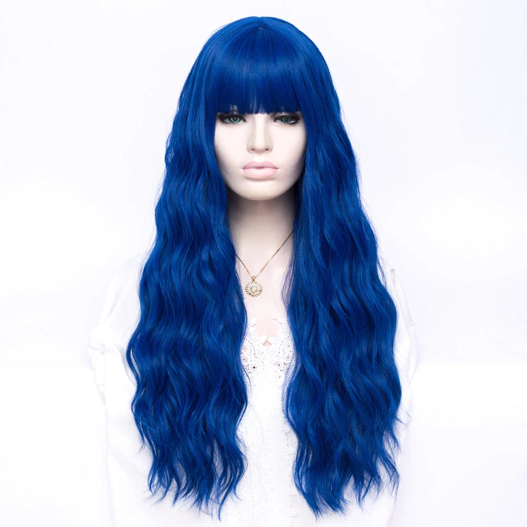 MSIWIGS Women Long Wavy Lolita Blue Wig Synthetic Cosplay with Bangs For Holloween Party Anime Heat Resistant