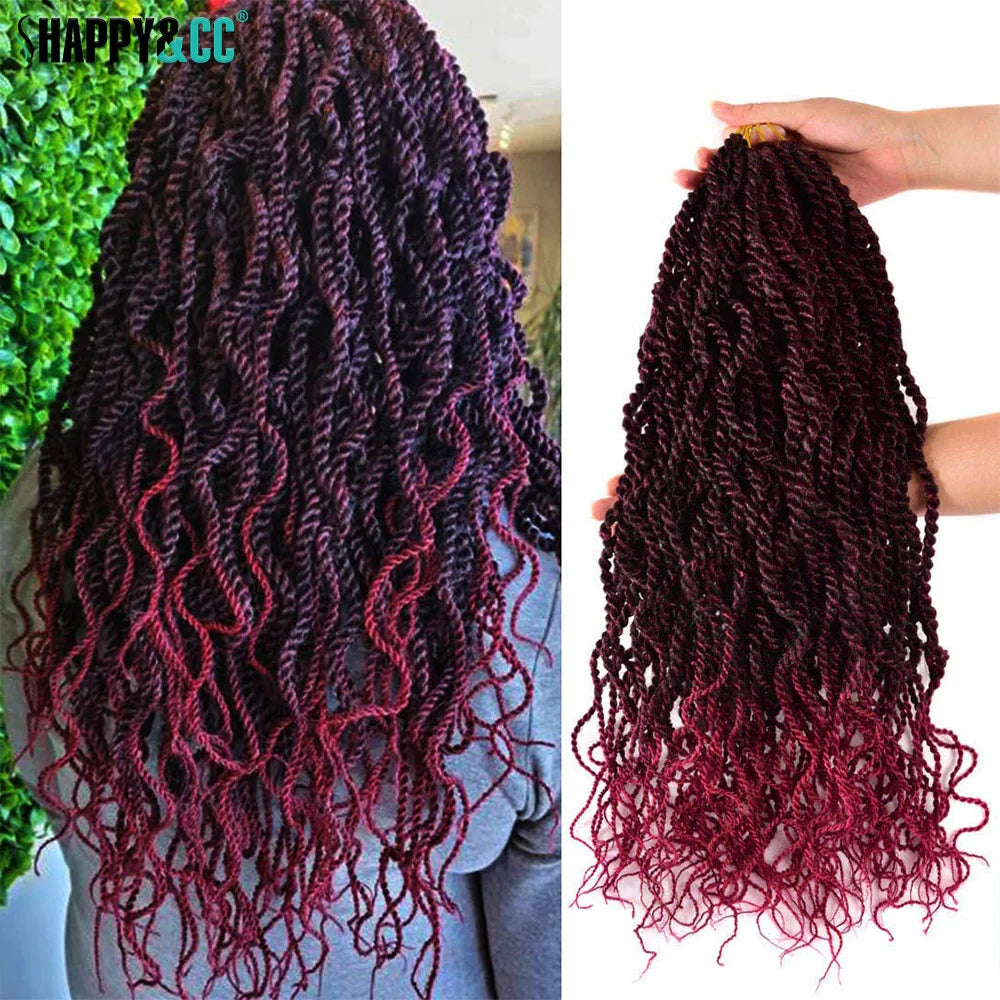 16 Inch Wavy Senegalese Twists Crochet Braiding Hair Extension Ombre 99J Synthetic Crochet Braids Hair with Curly Ends for Women