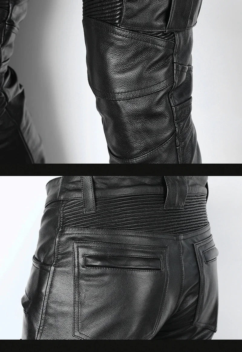 Men's Autumn Winter Punk Slim Casual Long Trousers Retro Leather Motorcycle Street Pants Windproof Warm Cowhide Pencil Pant Male