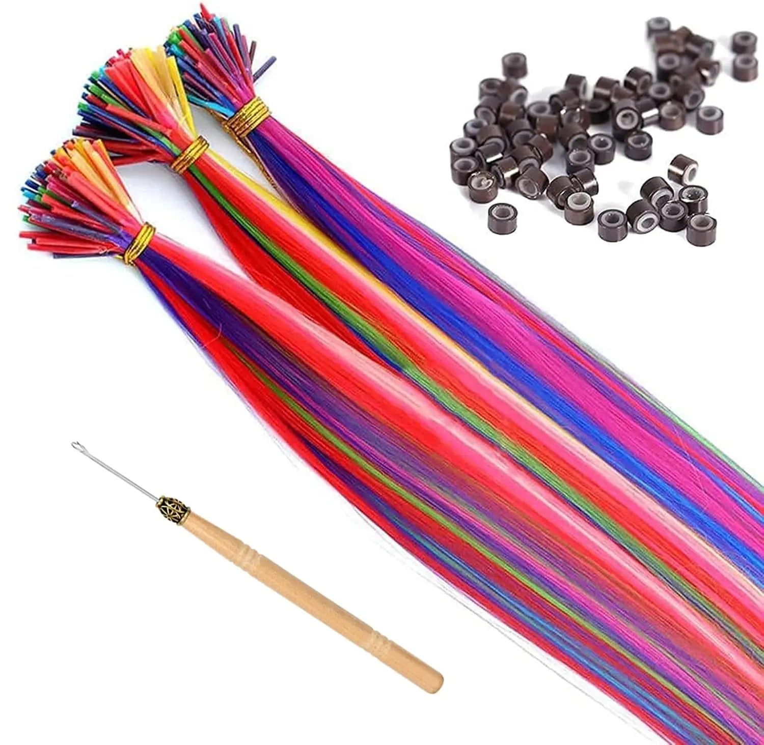 20" Rainbow Synthetic Hair Extensions Kit 10PCS Colored I-Tip Extensions with Micro Beads Hook Needle for Women Kids Cosplay