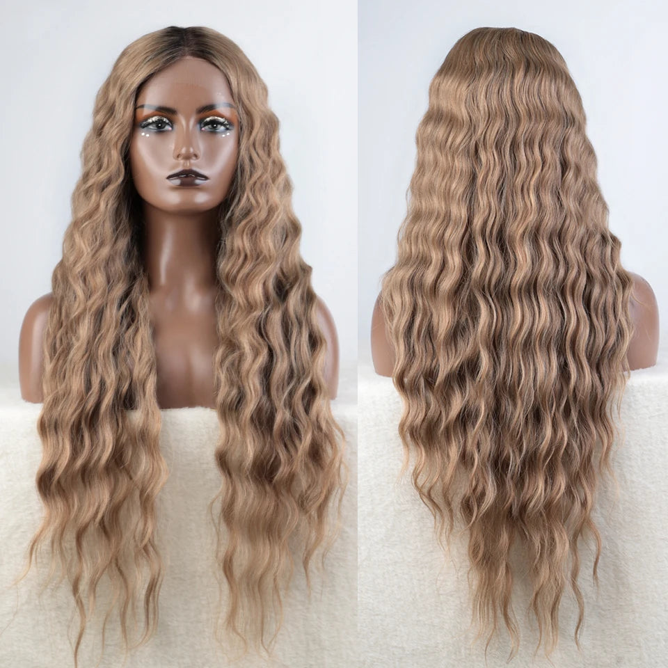 Synthetic Lace Wig 30" Ombre Blonde Black Wig  Wig Long Wavy 30 " Hair Lace Wig For Women Lace Front Wig Cosplay Wig