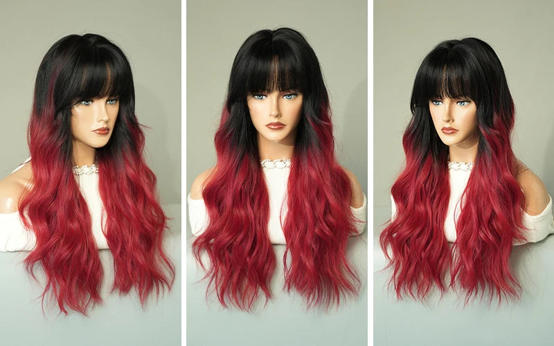 NAMM Long Wavy Ombre Black To Red Wig for Women Daily Cosplay Party Synthetic Lavender Hair Wig with Fluffy Bangs Heat Resistant