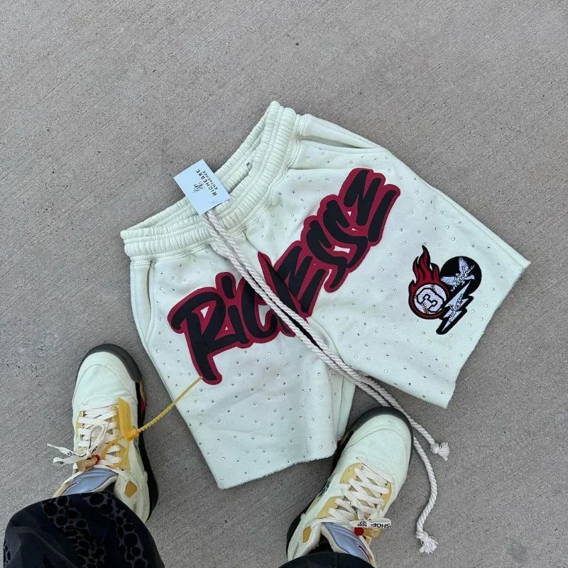 Y2k Harajuku Hip Hop European American Fashion Casual Shorts Retro Rhinestone Men Gym Short Basketball Shorts Jogger Sweatpants