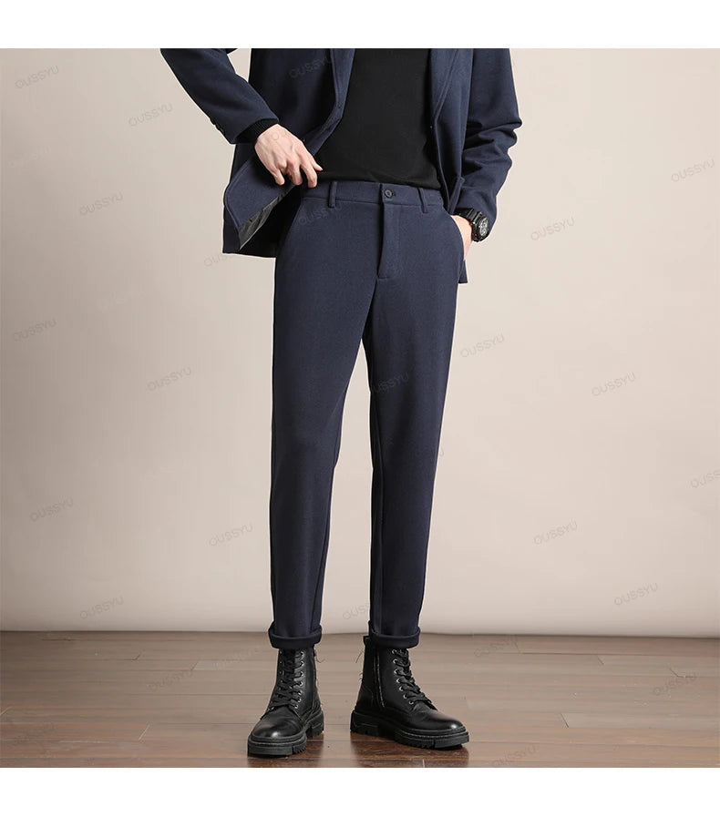 Brand Clothing Autumn Winter Luxury Suit Pants Men Thick Business Elastic Waist Woolen Ankle Pant Korean Formal Long Trousers