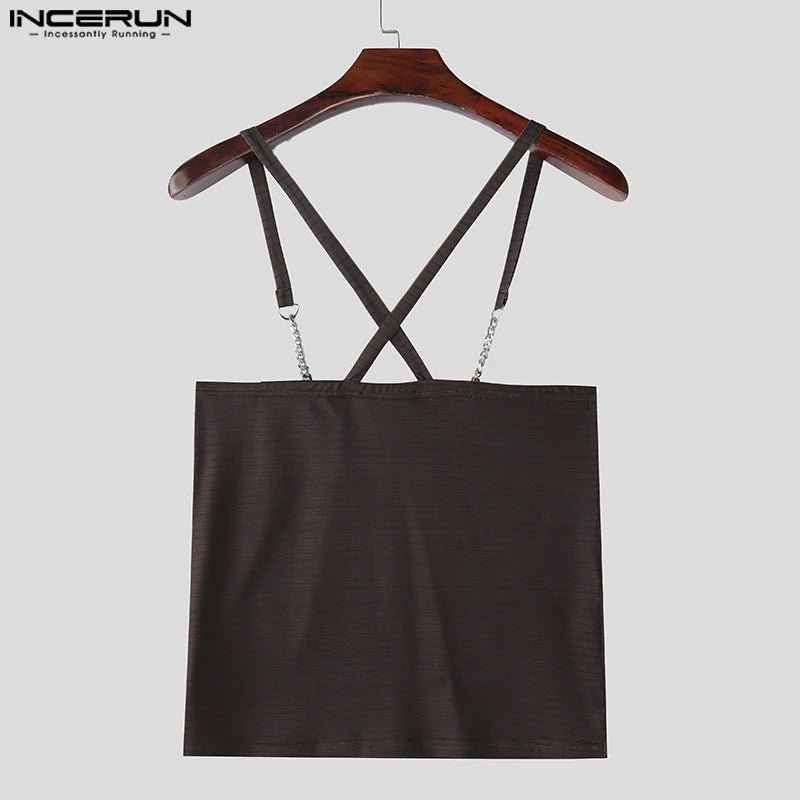 INCERUN Tops 2025 American Style Fashion New Men Striped Metal Strip Hanging Neck Vests Summer Sexy Casual Personality Tank Tops