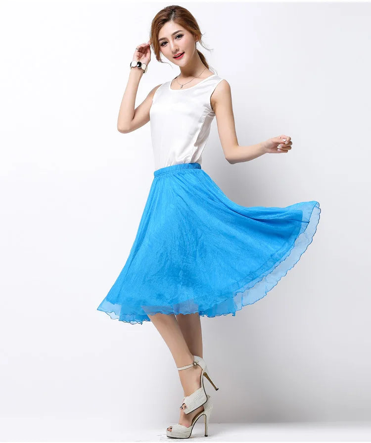 Summer Women Silk Tutu Skirts Chiffon Pleated Dance Beach Wedding Party Skirt Black White Elastic High Waist Midi Skirts