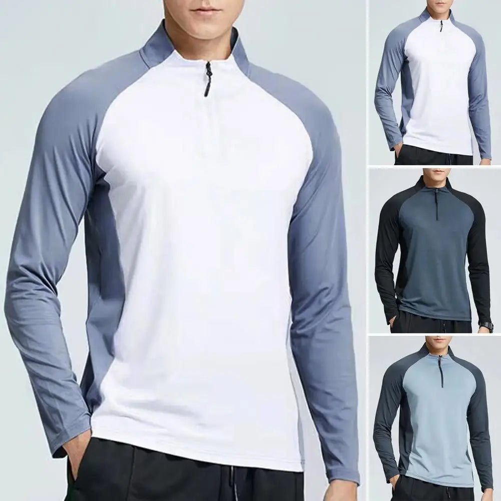 Men Sports T-shirt Half Zipper Collar Fitness Training T-shirts Gym Workout Compression Sweatshirt Running Football Sportswear