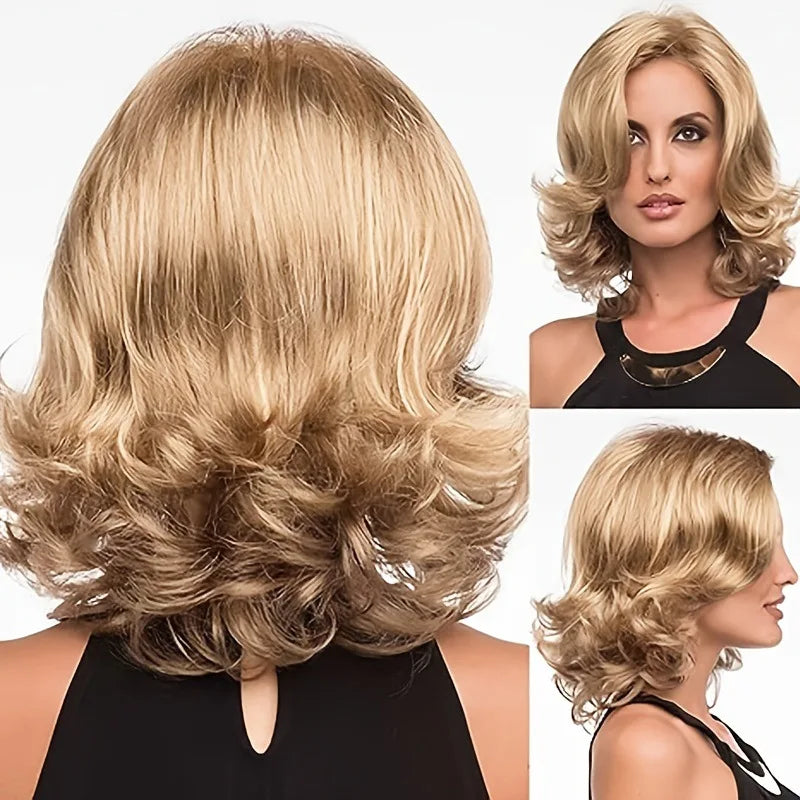 Wig new synthetic fiber wig female long curly hair split pear flower perm short hair fashion blonde dyed wig head cover