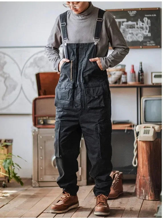 Retro American Cotton Overalls Loose Jumpsuit Men's Cargo Pants Men Suspenders Bibs Four Seasons Full Length Baggy Pants