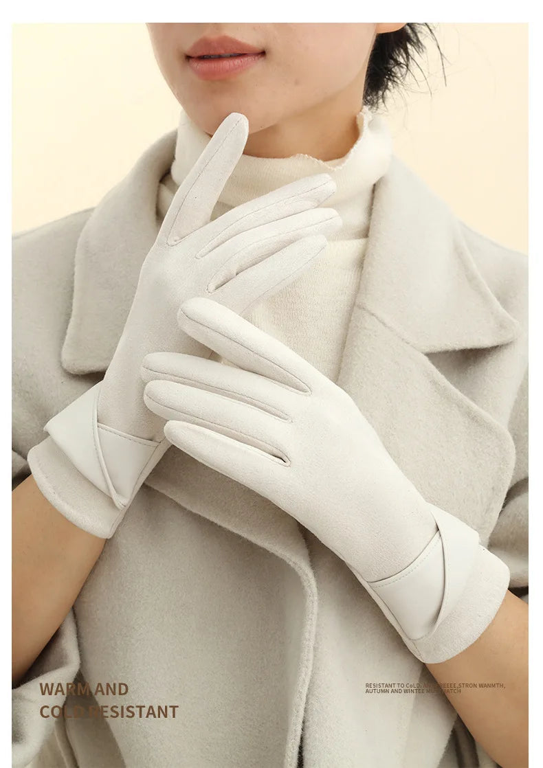 New Suede Gloves for Women Winter Plus Velvet Warm Commercial Style Temperament Bow Touch Screen Riding Driving