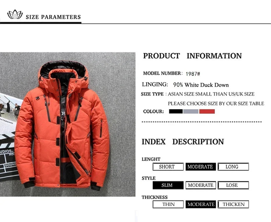 New Windproof Winter Down Jacket Male Warm Hooded White Duck Thick Men's Down Jacket Snow High Quality Parkas Outerwear