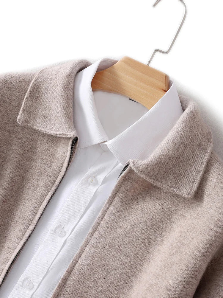 New 100% Pure Wool Knitwear Cardigan Sweater Men's Lapel Zipper Thick Jacket Shirt Collar Smart Casual Knitted Long Sleeve Tops