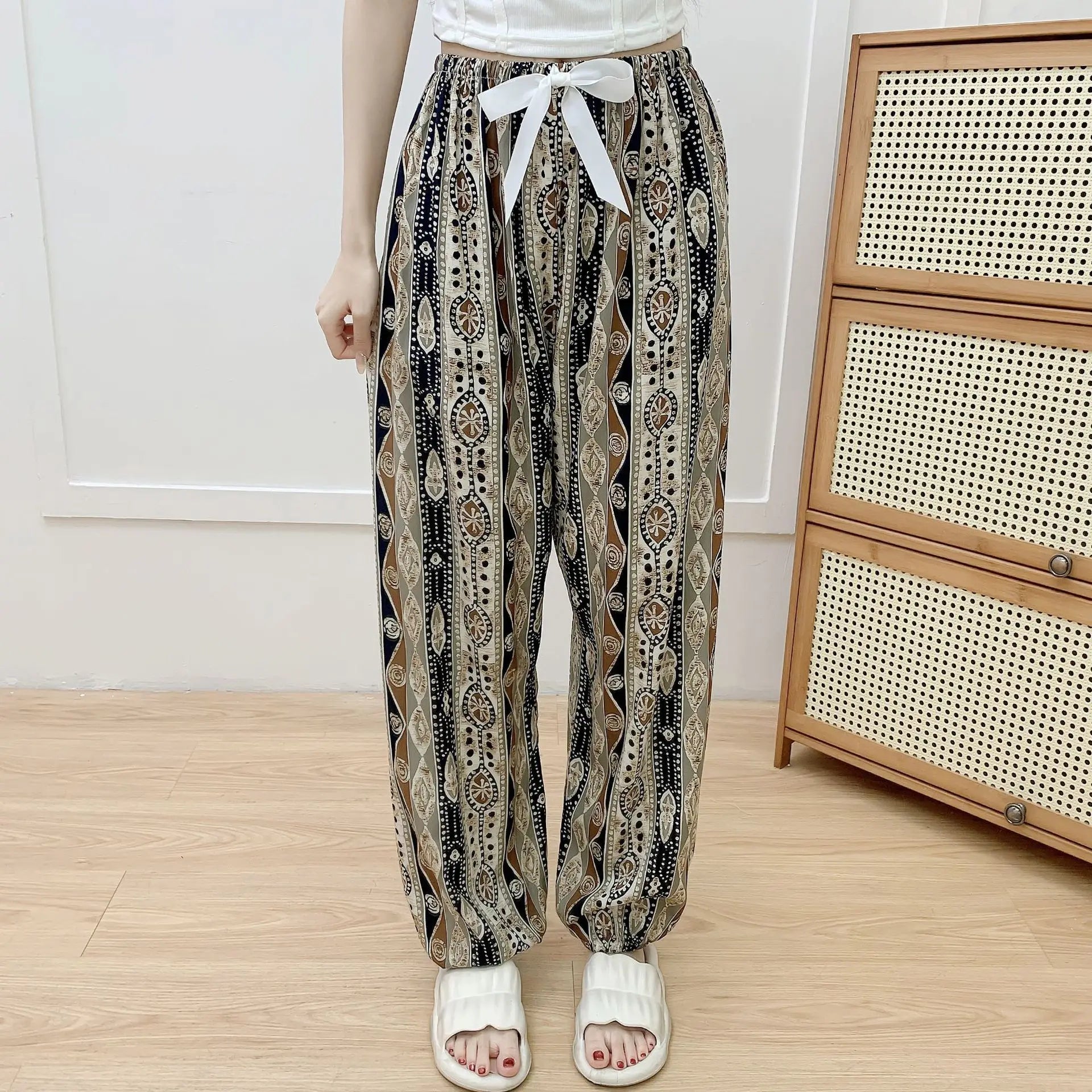 New Korean Style Pants Summer Cropped Trousers Women's Flower Home Clothes Loose Wide Leg Pants Casual Beach Outfits Sweatpants