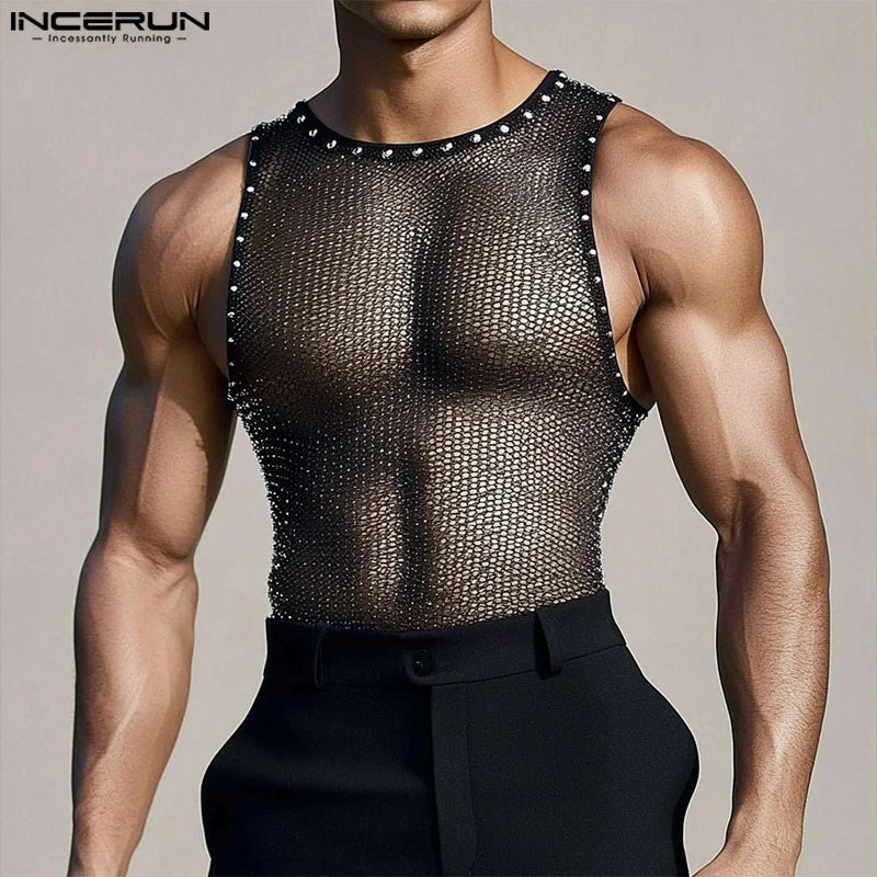 2025 INCERUN Sexy Tops Summer Sleeveless Mesh See-through Tank Tops Streetwear Oversized Tee Men's Clothing
