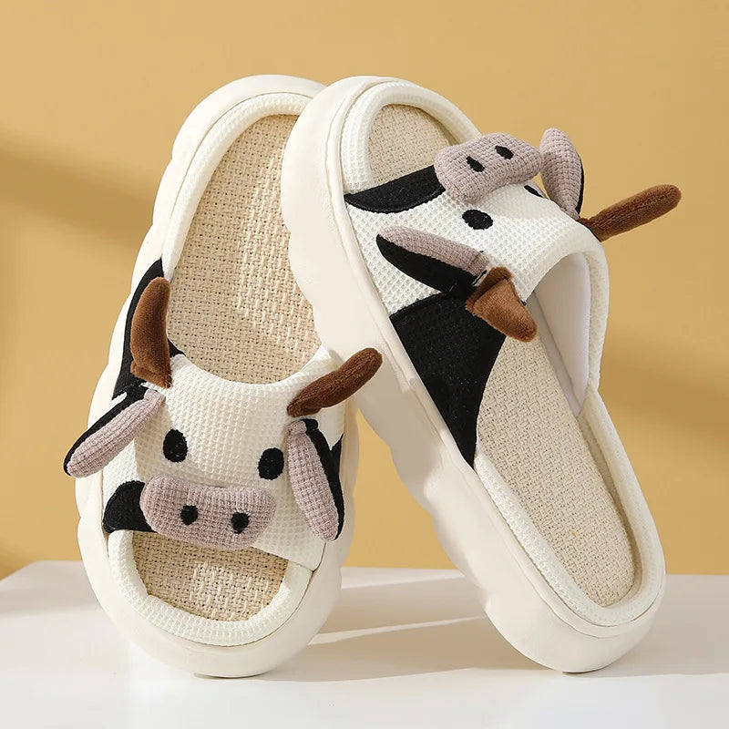 Gacimy Women's Cartoon Linen Slippers Comfortable Soft Thick Sole Indoor House Slippers Summer New Breathable Cute Linen Slides