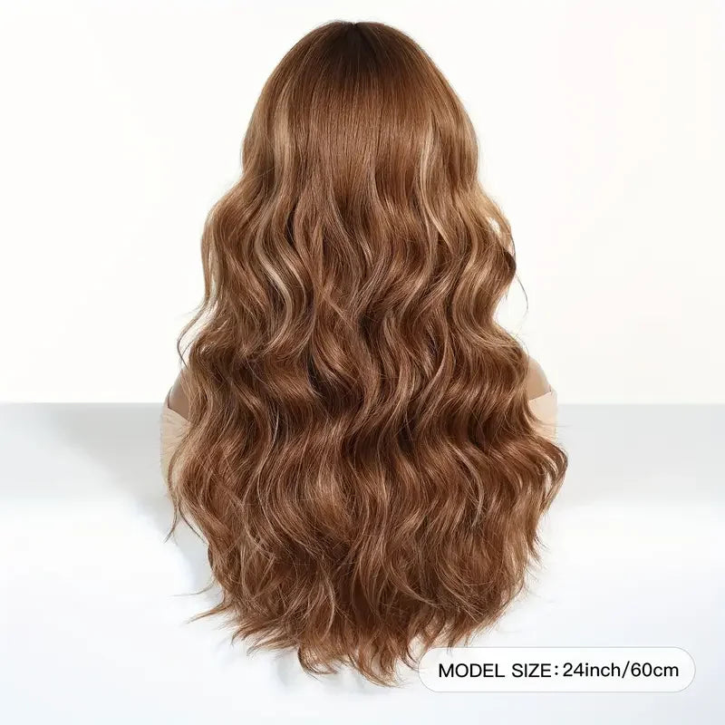 LOUIS FERRE Brown Blonde Highlights Wigs For Women Daily Long Wavy Curly Synthetic Wigs Natural Heat Resistant Hair With Bangs