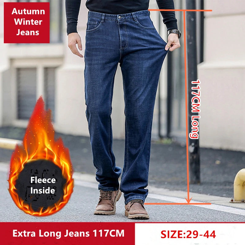 Tall Man Fleece Jeans 117CM Extra Long Stretched Plus Size 42 44 Fit Trousers Warm Autumn Winter High Waist Denim Pants Trousers