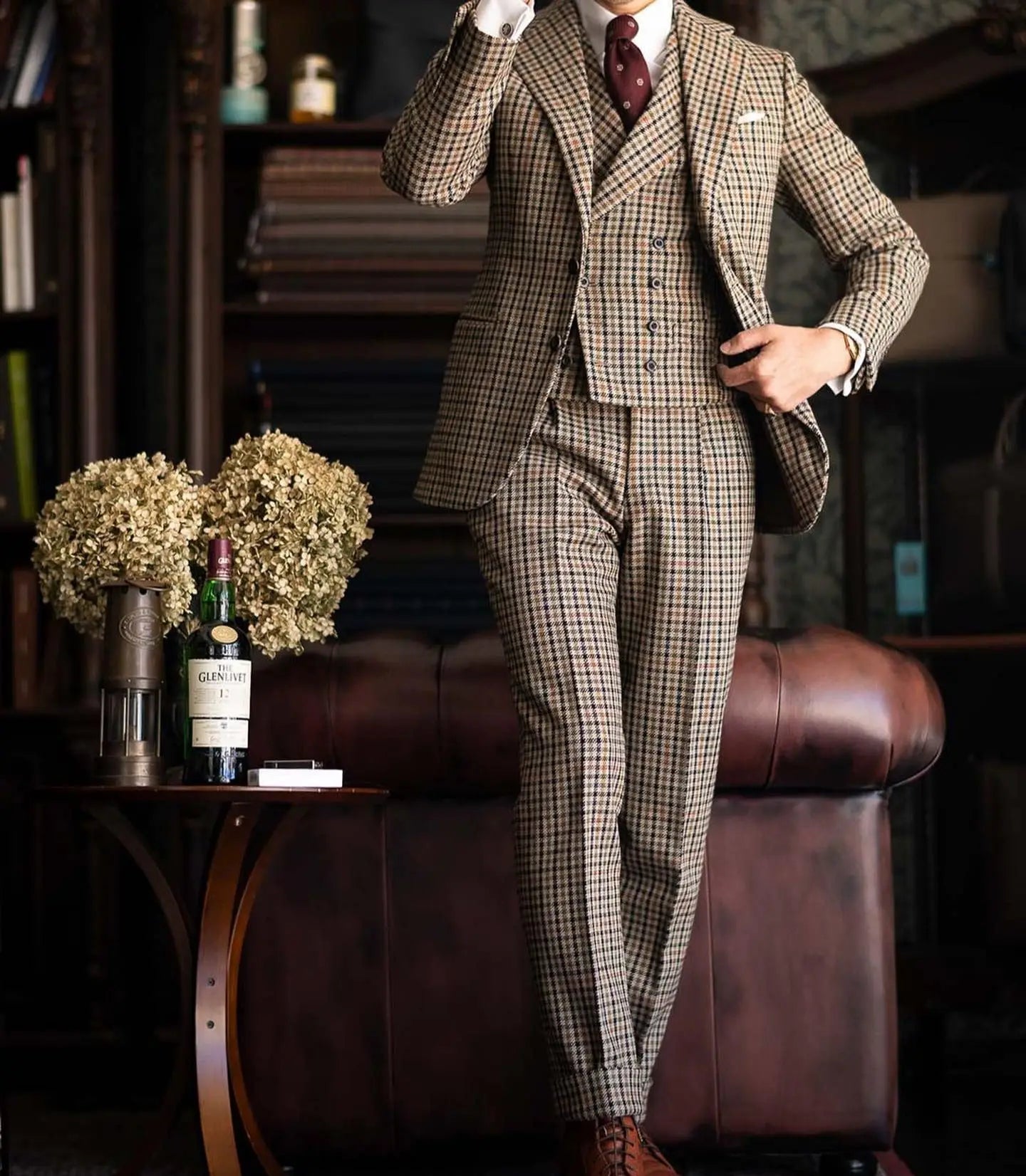 Burgundy Black Green 3 Color Small Square Thousand Bird Man‘s Suit Set Outfit Notch Lapel Blazer Trousers 3pcs Jacket Pants Vest