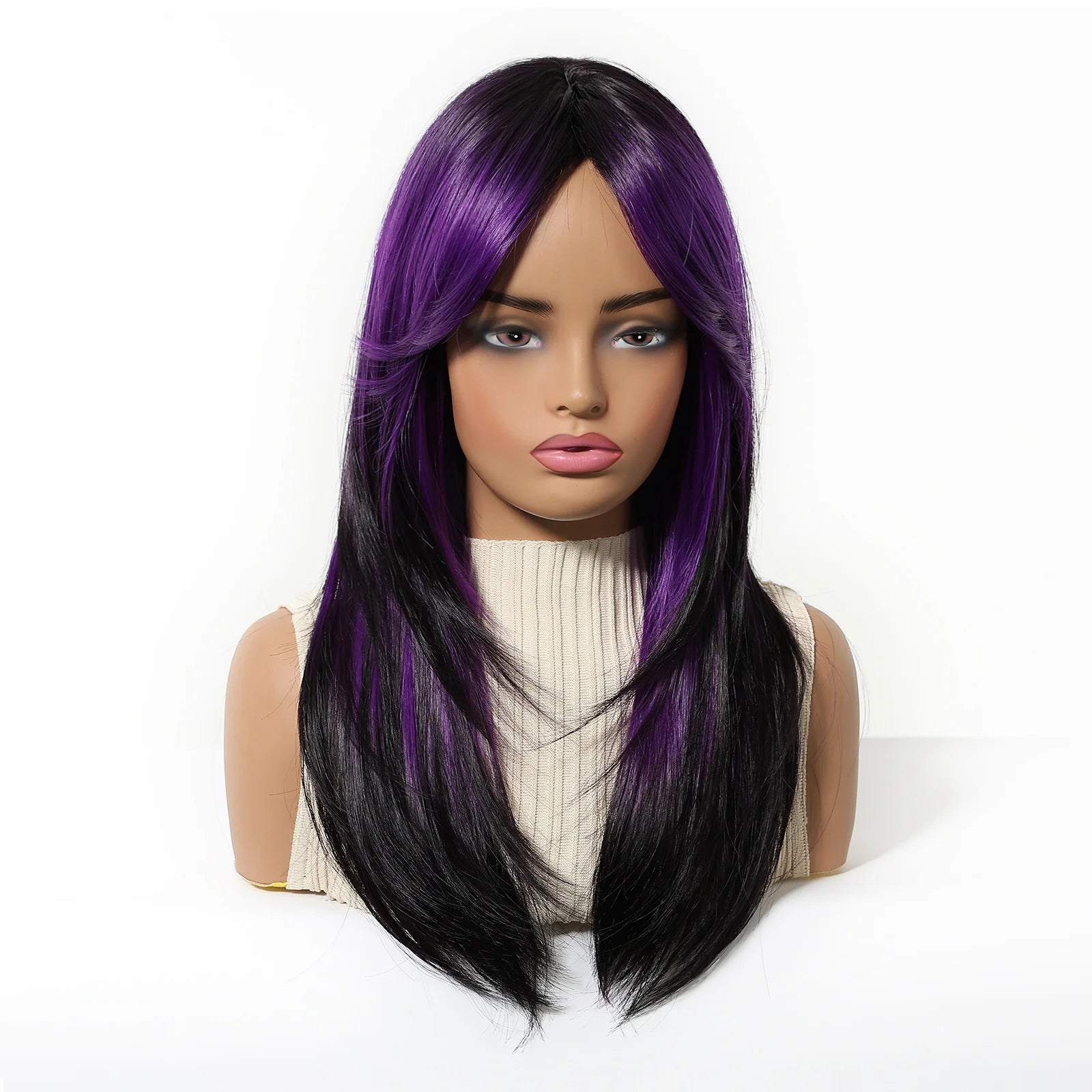 EASIHAIR Purple Synthetic Wigs for Women Long Straight Layered Hair Wigs With Side Bangs Ombre Purple Black Wigs Heat Resistant