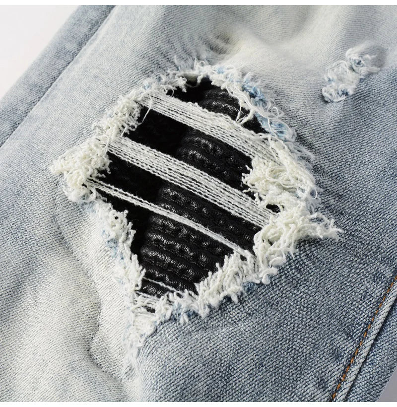 Men Leather Patches Denim Jeans Streetwear Holes Ripped High Stretch Pants Light Blue Skinny Tapered Trousers