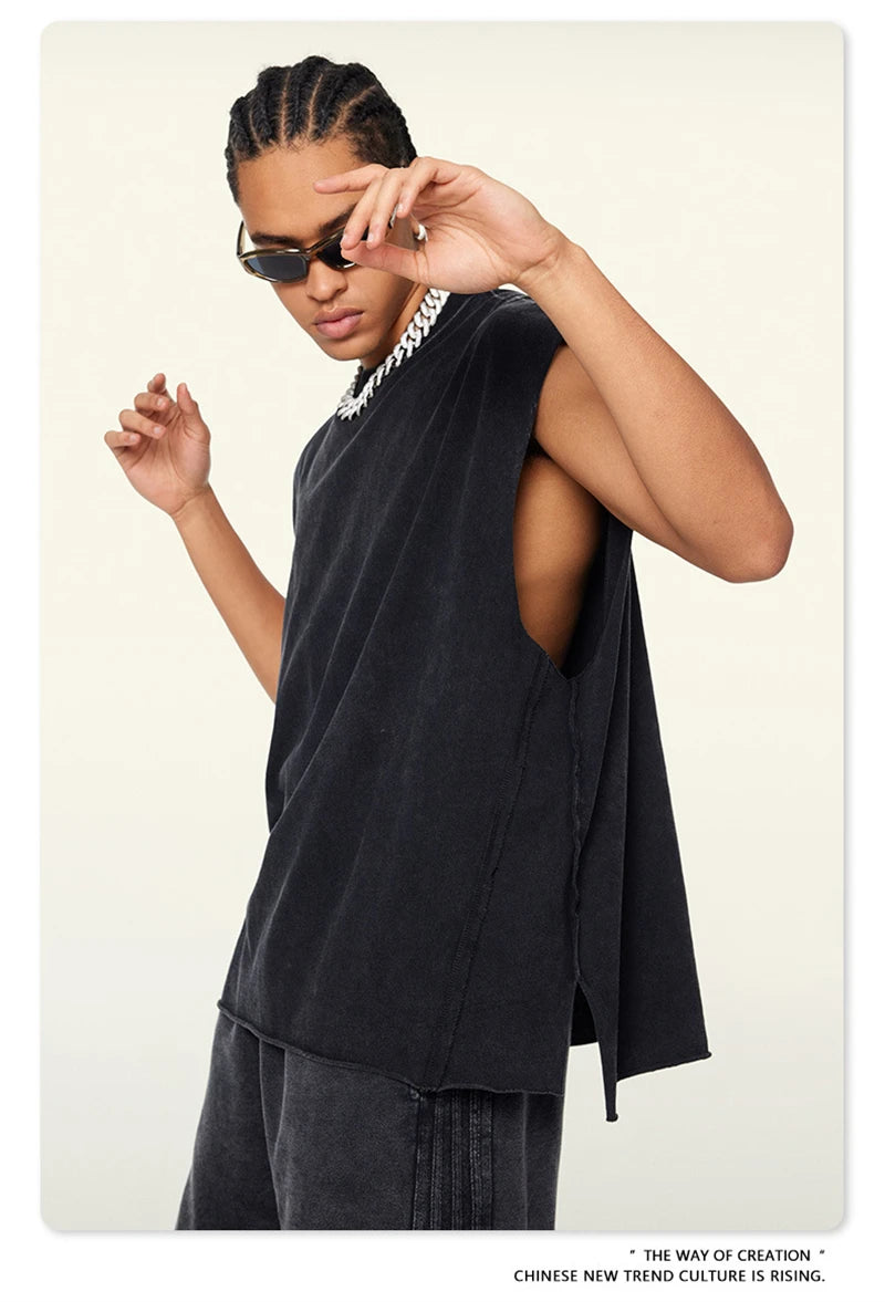ZODF Vintage 2024 Washed 270gsm Cotton Tank Tops For Men Unisex Summer Relax Fit Slit Sleeveless Vest Streetwears HY0777