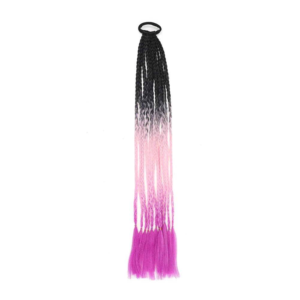 24inch Rubber Band Crochet Mixed Box Braids Plaited Ponytail Synthetic Gradient Dirty Braided Ponytail Hair Extensions for Kids
