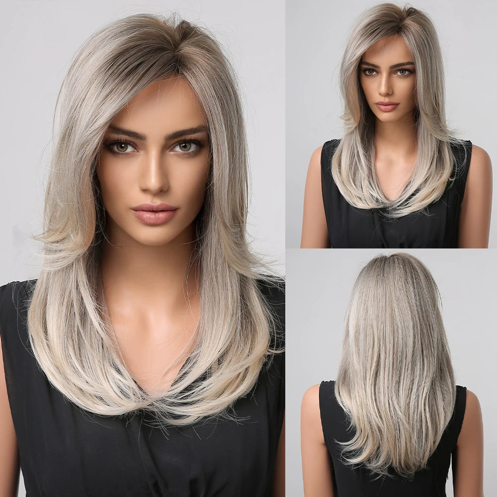 ALAN EATON Long Straight Layered Synthetic Wigs with Bangs Blonde Highlights on Brown Wigs for Black Women Afro Daily Party Hair