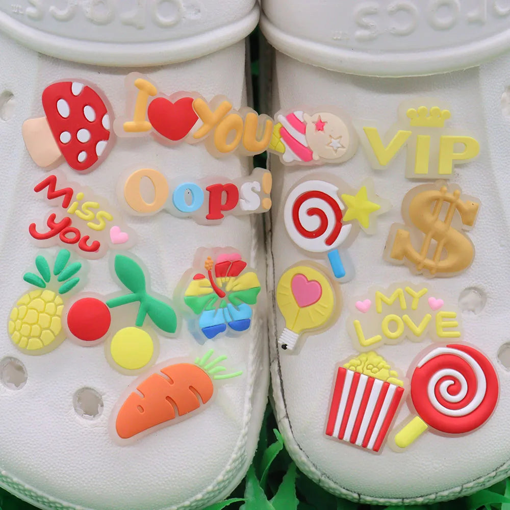 1-16Pcs My Love Lollipop Carrot Mushroom Luminous Sandals Shoe Buckle Charms Accessories DIY Kids Holiday Gift